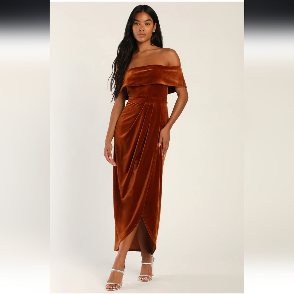 I'm Enchanted Rust Orange Velvet Off-the-Shoulder Maxi Dress